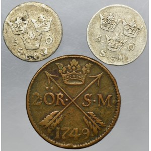 Lot, Sweden, Charles XI, Charles XII and Frederick I, 2 Öre Silvermynt and 5 Öre (3 pcs.)