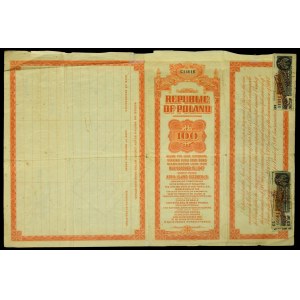 7% Pożyczka Stabilizacyjna 1927, obligacja $100, TRANCHE FRANCAISE, bez stempla zmiany oprocentowania
