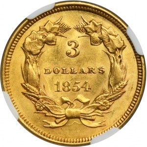 USA, 3 Dollars Philadelphia 1854 - Liberty - NGC AU55