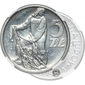 5 złotych 1958 Rybak - BAŁWANEK - NGC UNC DETAILS