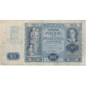 Contrefaçon du 20 zloty 1940 sur le billet de 20 zloty 1936 avec l'empreinte du bosquet