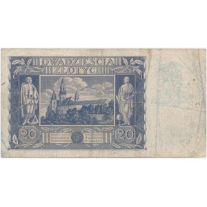 Contrefaçon du 20 zloty 1940 sur le billet de 20 zloty 1936 avec l'empreinte du bosquet