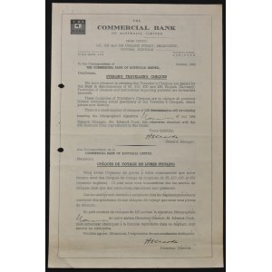 Australie, The Commercial Bank of Australia Ltd, dossier contenant des informations sur les modèles de chèques