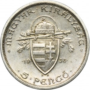 Hungary, Miklós Horthy, 5 Pengö Budapest 1938 BP