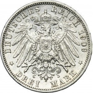 Germany, Grand Duchy of Baden, Friedrich II, 3 Mark Karlsruhe 1909 G