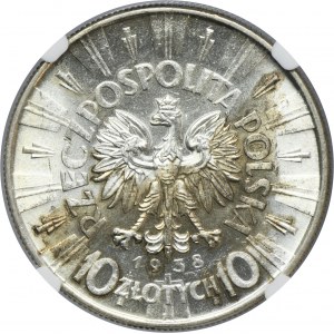 Piłsudski, 10 złotych 1938 - NGC MS62