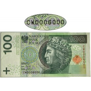 100 złotych 2012 - CW 0006000 - piękny numer radarowy