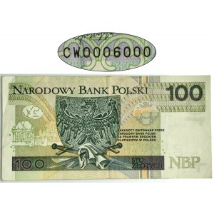 100 złotych 2012 - CW 0006000 - piękny numer radarowy