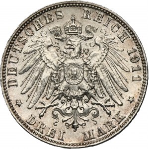 Germany, Bavaria, Regent Luitpold, 3 Mark Munich 1911 D