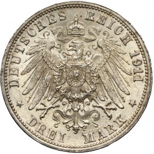 Nemecko, Württemberské kráľovstvo, Wilhelm II, 3 marky Stuttgart 1911 F