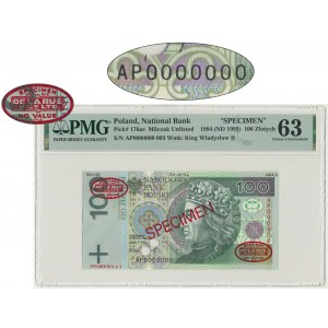 100 złotych 1994 - SPECIMEN - AP 0000000 - No 003 - PMG 63 - UNIKAT
