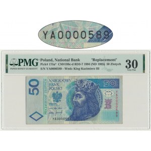 50 złotych 1994 - YA 0000589 - PMG 30 - seria zastępcza - NAJRZADSZY BANKNOT III RP