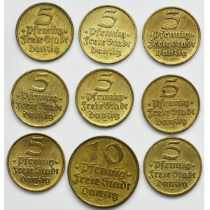 Set, Free City of Danzig, 5 and 10 pfennig 1932 (9 pcs.)