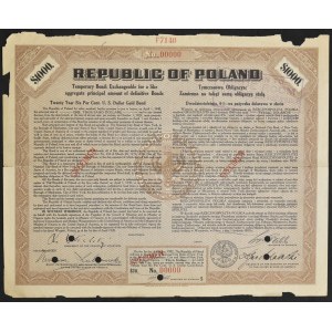 6% Pożyczka Dolarowa 1920, świadectwo tymczasowe 1.000 dolarów - SPECIMEN