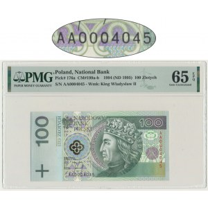 100 złotych 1994 - AA 0004045 - PMG 65 EPQ