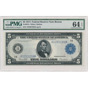 USA, Blue Seal, Boston, 5 Dollars 1914 - I-A - White & Mellon - PMG 64 EPQ