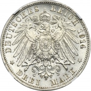 Germany, Grand Duchy of Baden, Friedrich II, 3 Mark Karlsruhe 1914 G - NGC MS61