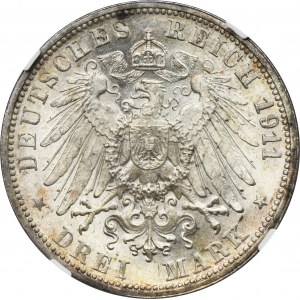 Germany, Kingdom of Württemberg, William II, 3 Mark Stuttgart 1911 F - NGC MS65