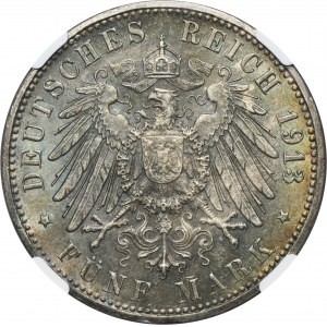 Niemcy, Miasto Hamburg, 5 Marek 1913 J - NGC MS66