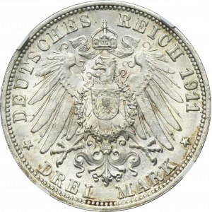Nemecko, Württemberské kráľovstvo, Wilhelm II, 3 marky Stuttgart 1911 F - NGC MS64+