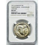 Nemecko, Württemberské kráľovstvo, Wilhelm II, 3 marky Stuttgart 1911 F - NGC MS64+