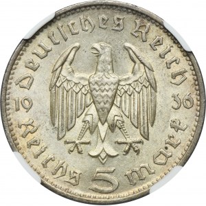 Nemecko, Tretia ríša, 5 mariek Stuttgart 1936 F - Hindenburg - NGC MS62