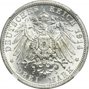 Nemecko, Pruské kráľovstvo, Wilhelm II, 3 marky Berlín 1914 A - NGC MS61