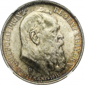 Germany, Bavaria, Regent Luitpold, 3 Mark Munich 1911 D - NGC MS66