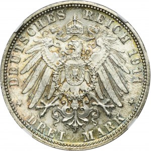 Germany, Bavaria, Regent Luitpold, 3 Mark Munich 1911 D - NGC MS66