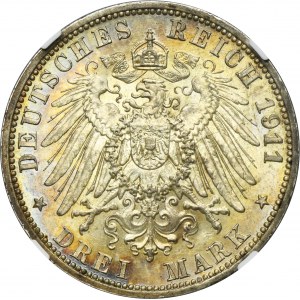 Niemcy, Królestwo Prus, Wilhelm II, 3 Marki Berlin 1911 A - NGC MS62