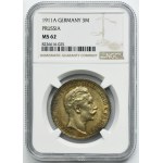 Niemcy, Królestwo Prus, Wilhelm II, 3 Marki Berlin 1911 A - NGC MS62