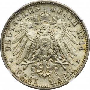 Germany, Kingdom of Württemberg, Wilhelm II, 3 Mark Stuttgart 1914 F - NGC MS62