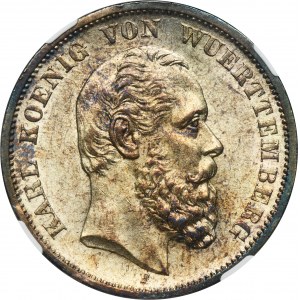 Germany, Kingdom of Württemberg, Karl von Württemberg, 5 Mark Stuttgart 1876 F - NGC MS61