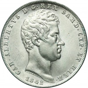 Italy, Kingdom of Sardinia, Charles Albert, 5 Lire Genoa 1842 P