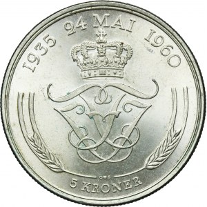 Denmark, Frederick IX, 5 Kroner Copenhagen 1960 - Silver Wedding Anniversary