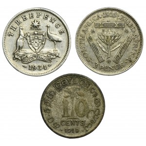 Set, Ceylon, South Africa and Australia, 10 Cents and 3 Pence (3 pcs.)