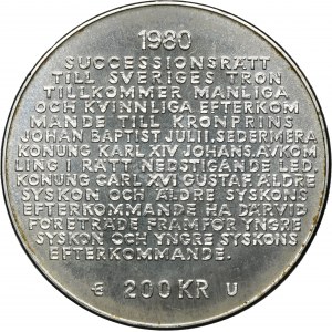 Švédsko, Carl XVI Gustav, 200 korún Eskilstuna 1980 E - Zákon o kráľovskom dedičstve
