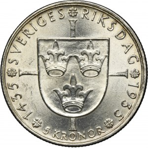 Suède, Gustav V, 5 couronnes Stockholm 1935 G