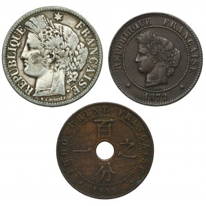 Set, France and French Indochina, 5 Centimes, 2 Francs and 1 Cent (3 pcs.)