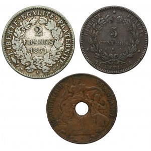 Set, France and French Indochina, 5 Centimes, 2 Francs and 1 Cent (3 pcs.)