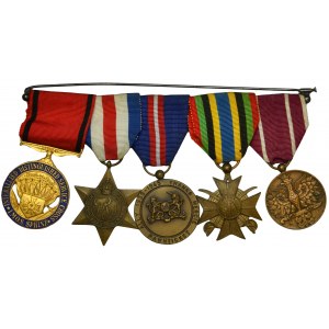 Set of French Decorations on a Bar with the Military Medal (5 pcs.)