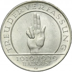 Germany, Weimar Republic, 3 Mark Karlsruhe 1929 G - Weimar Oath