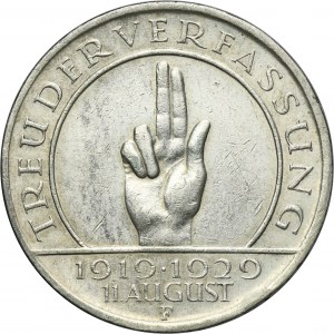Germany, Weimar Republic, 3 Mark Stuttgart 1929 F - Weimar Oath