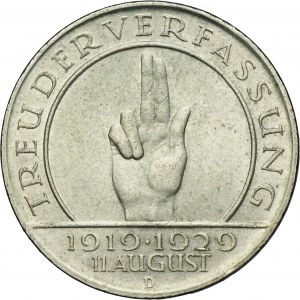 Germany, Weimar Republic, 3 Mark Munchen 1929 D - Weimar Oath