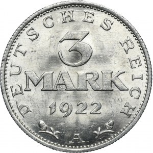 Germany, Weimar Republic, 3 Mark 1922 A - Weimar Constitution