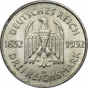 Germany, Weimar Republic, 3 Mark Munich 1932 D - Goethe