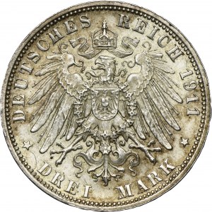 Germany, Bavaria, Regent Luitpold, 3 Mark Munich 1911 D