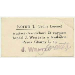 Kraków, J. Wentzl, 1 korona 1919 - numerator 8 mm - BARDZO RZADKI