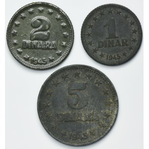 Súprava, Srbsko, nemecká okupácia, 1 dinár, 2 dináre a 5 dinárov Budapešť (3 kusy).
