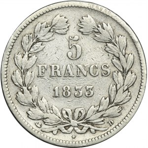 France, Louis Philippe I, 5 Francs Lyon 1833 D
